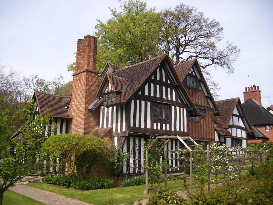 Selly Manor, a timber framed house with a tall brick chimney at Bournville in Birmingham